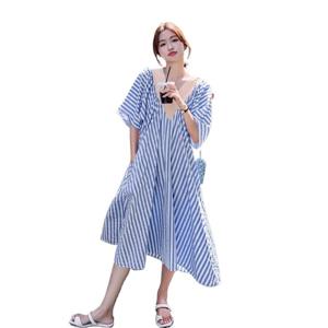 150kg까지 여름 브이넥 핑크 스트라이프 미디엄 롱 원피스 루즈핏 배 가려 날씬해 보이는 미디엄 롱 오버슬