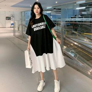 통통 mm 특대 사이즈 2-150kg 여름 루즈핏 반팔 티셔츠 접합 프린트 무릎 넘어 날씬해 보이는 감령 원피스