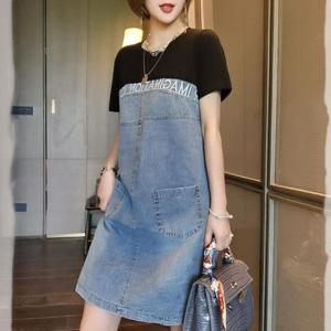여성 투인원 a라인 반팔 원피스 여름 슬림 빅사이즈 캐주얼 얇은 데님원피스 루즈핏 청치마