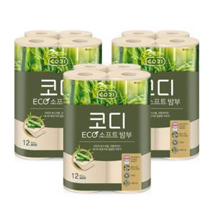 코디 에코 소프트 밤부 30m 12롤 3팩 대나무 천연펄프 3겹 먼지없는 화장지 비염 휴지