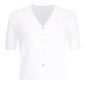 샵앤) 여성 V넥 스트라이프 세미크롭 반팔 니트 가디건 BOM-WCD-20678-아이보리