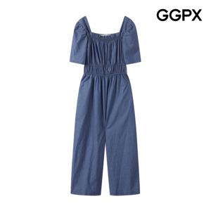 GGPX  허리 더블 밴딩 스퀘어넥 데님 점프수트 (GP6OP026F)