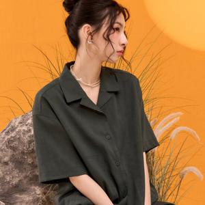 [체이스컬트]여성 린넨 라이크 오픈 카라 반팔 셔츠 EBRG5572D0V