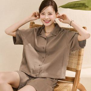 [체이스컬트]여성 린넨 라이크 오픈 카라 반팔 셔츠 EBRG5572D08