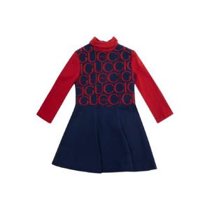 GUCCI KIDS Red and Blue Long Sleeve Dress with Logo Lettering Print in Viscose Girl 787648XJGO54153
