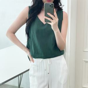샵앤) 국산 여성 린넨 V넥 무지 베이직 민소매 나시티 SML-WSH-4588-그린