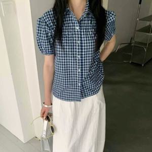 샵앤) 여성 카라넥 체크 반팔 셔츠 블라우스 MSE-WBL-20684-네이비