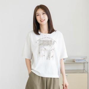 엄마옷 마담4060 유니크 베케이션배색 프린트 루즈핏 반팔티셔츠-ZTE2507002-