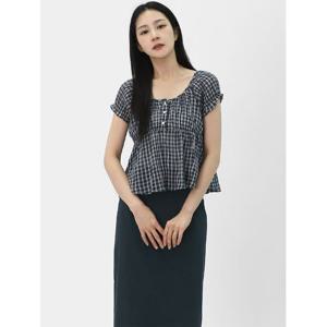 [엘케이트] 여자 블라우스 반팔 U넥 크롭 여름 체크블라우스 LDEAR002