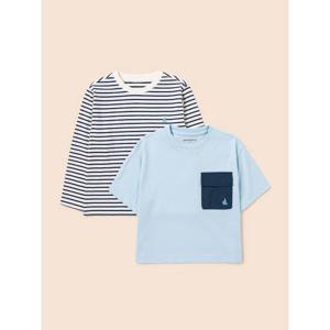 [빈폴키즈] 스트라이프 레이어드 반팔 & 긴팔 2PCS 상상세트  스카이 블루 (BI5741U02Q)
