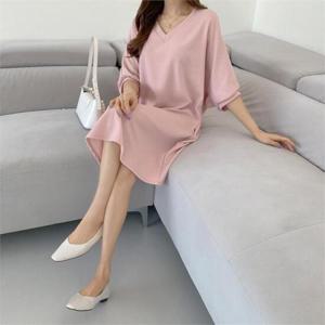 [다잇템]여자 V넥 민무늬 빅사이즈 반소매 롱원피스 (8171791)