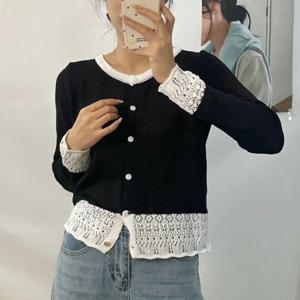 샵앤) 여성 배색 라운드넥 펀칭자수 긴팔 니트 가디건 MSE-WCD-20390-블랙