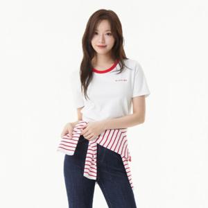 플라스틱아일랜드  네크배색 자수포인트 티셔츠 (PR2CH465)