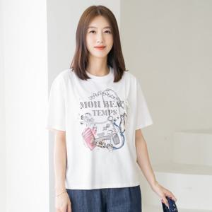 엄마옷 마담4060 루즈핏 캐주얼 반팔티셔츠 진주브로치레터링-ZTE2507001-