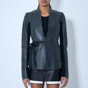 25 SS 릭오웬스 브이넥 셀프타이 스무스 레더 자켓 블랙 RP01E7749 LTP 09