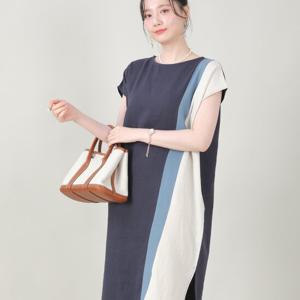 애비뉴투지 엄마옷 린넨 혼방 삼색 배색 여름 드랍숄더 반팔 원피스 K07520