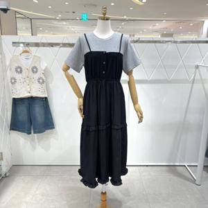 [밸리걸] 배색 라운드 롱 원피스 821000