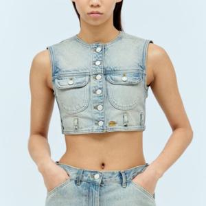 25 SS 꾸레쥬 로고 엠브로이드 데님 크롭 베스트 탑 124DBL153DE0016 7011