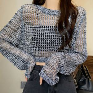 샵앤) 여성 라운드 그물 망사 긴팔 레이어드 크롭 니트티 21DS-WKN-4616-차콜