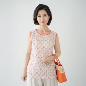 엄마옷 마담4060 라운드넥 스판민소매 쫀쫀 쿨 루토배색-ZSL2507004-