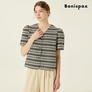 [보니스팍스(여성의류)]V넥 자카드 퍼프 반팔 블라우스 (XP7SH009M0)