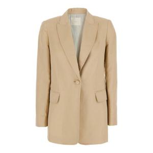 TWINSET 클래식 라펠과 뒷면에 메탈릭 로고가 있는 베이지색 재킷 리넨 블렌드 여성 251TE214012145