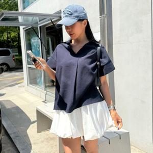 샵앤) 여성 슬릿 카라넥 정장 루즈핏 반팔 블라우스 셔츠 MCR-WBL-4683-아이보리