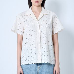 25 SS 몽클레어 레이스 컷아웃 버튼 다운 클래식 카라 반팔 셔츠 화이트 2F00012 598IP 034