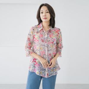 엄마옷 마담4060 텐셀카라포켓셔츠 쿨터치 플라워 무드웨어-ZBL2507043-