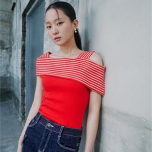 [에고이스트][CAPSULE LINE] 스트라이프 믹스 언발 오프숄더 티셔츠 (ER2CH460)