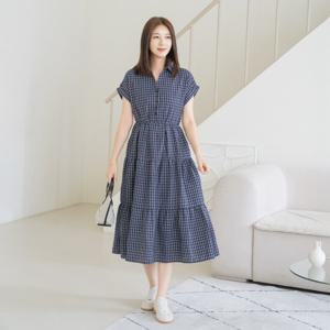 엄마옷 마담4060 내추럴 롱 셔츠원피스 피크니룩 데일리 체크캉캉 반팔-ZOP2507021-