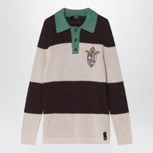 FENDI 브라운과 베이지색 줄무늬가 있는 니트 코튼 폴로 셔츠 FZC358AU7SQFENDI-F1RWU