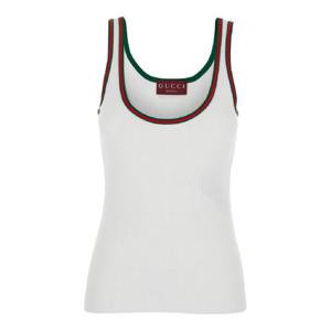 GUCCI 가장자리에 웹 디테일이 있는 코튼 여성 화이트 리브 탑 815851XJG5O9692