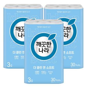 깨끗한나라 더 클린앤소프트 3겹 더블쿠션엠보 30m 30롤x3팩