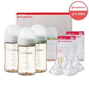 [더블하트] 3세대 240ml 베이직 트리플팩 (노꼭지)+젖꼭지 4개