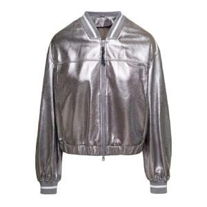 BRUNELLO CUCINELLI 양방향 지퍼가 달린 라미네이트 가죽 여성용 실버 봄버 재킷 MPGAM2917C8755