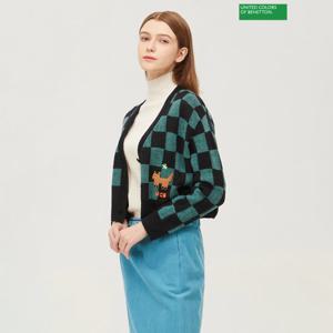 베네통 강아지 자수 체크 니트 가디건 BAKC67361_GN