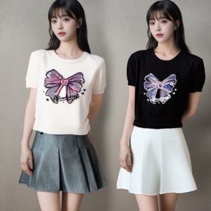 [샵앤][샵앤] 여성 라운드 리본프린팅 반팔 니트티 WDMS-WKN-TS1