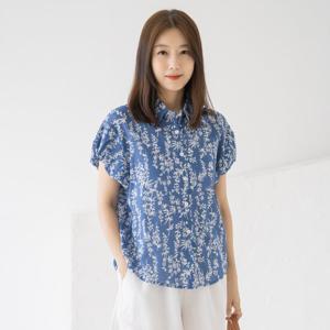 엄마옷 마담4060 면100% 카라블라우스 플라워 패턴 퍼프소매-ZBL2507068-