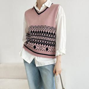 샵앤) 아가일 국산 여성 V넥 니트 조끼 21DS-WVS-3134-핑크