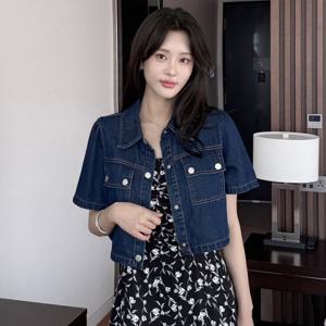 [모리스커밍홈] 퍼프 크롭 데님 반팔 자켓_M2505JK022B