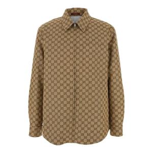 GUCCI GG 캔버스 남성용 클래식 칼라와 프런트 지퍼 잠금 장치가 있는 베이지색 재킷 794808ZAF4S2580