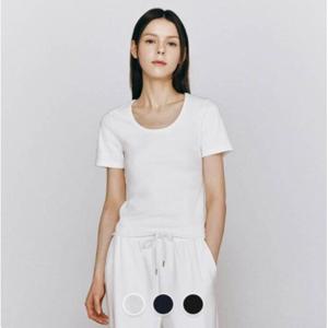 [지오다노]여성 립 유넥 라운드 스판 반팔 면 티셔츠 325526