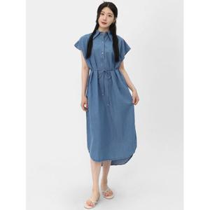 [엘케이트] 여자 데님 원피스 허리끈 몸매보정 맥시 청 드레스 LJL005
