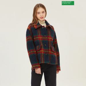베네통 카라 울 체크 코트 BACT57361_RD