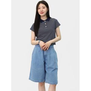[엘케이트] 여자 세미크롭 티셔츠 스트라이프 카라 반팔티셔츠 LDE051