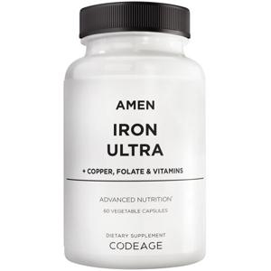 코드에이지 아멘 아이언 울트라 서플리먼트+구리 엽산 비타민 C 앤 B12 철 황산염 -- 65 mg 철분 알약 -- 60 식물성캡슐