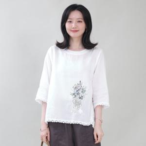 애비뉴투지 엄마옷 플라워 린넨 여름 칠부 레이스 네츄럴 블라우스 B06431