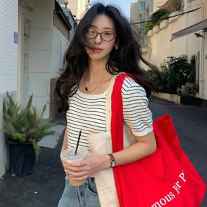 샵앤) 여성 단가라 봄컬러 스퀘어넥 반팔 니트 티셔츠 21DS-WKN-4249-아이보리