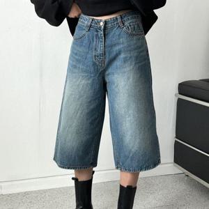 여자 칠부 워싱 버뮤다데님 와이드핏 청반바지